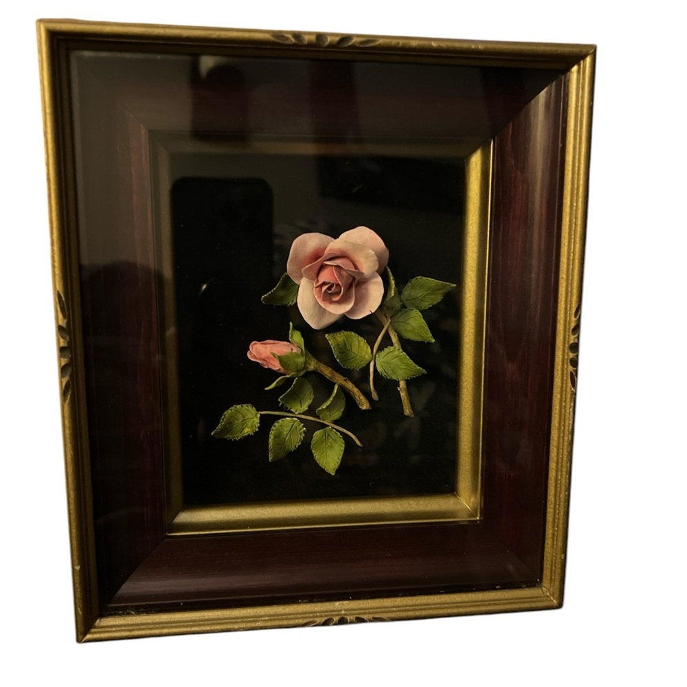 Elegant Framed Pink Rose Art capodimonte style gold & burgandy frame vintage
